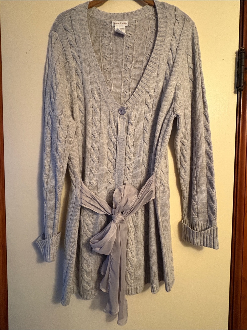 Monroe & Main Soft Gray Cable-Knit Long Cardigan with Chiffon Tie